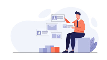 Man organizing digital content and data, online communication concept