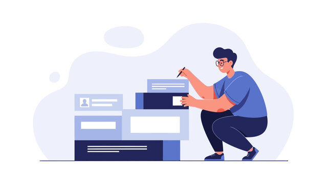 Man organizing data, information management, digital workflow concept