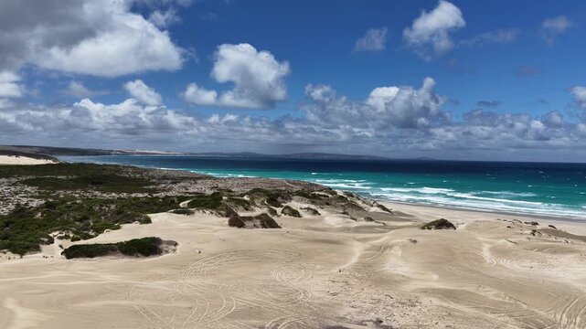 Mary Ellis Wreck Beach, Sleaford, South Australia Coastline &ndash; 4K Aerial Drone Footage of Turquoise Ocean, Limestone Cliffs, sand dunes, Lone Pine Lookout, Mere Conservation Park, Eyre Peninsula.