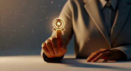 Fototapeta premium Businessman touching glowing star icon with finger on table