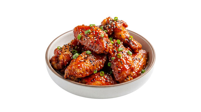 Sweet and spicy Korean fried chicken wings with sesame seeds and chopped green onions in a white bowl isolated PNG with Transparent Background