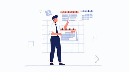 Obraz premium Man planning schedule with calendars, time management concept illustration