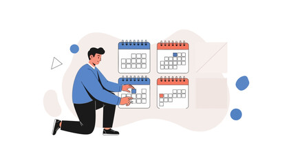 Obraz premium Man Planning Schedule with Multiple Calendars - Business Organization Concept