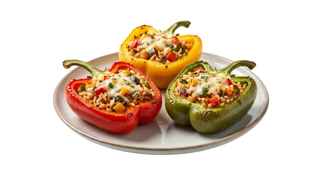 Three colorful stuffed bell peppers with rice, vegetables, and melted cheese on a white plate, isolated PNG with Transparent Background
