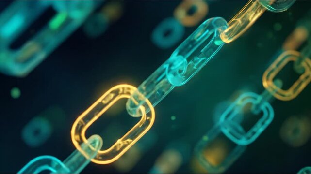 Glowing links of a chain, rendered in 3D. Teal and gold elements, abstract design