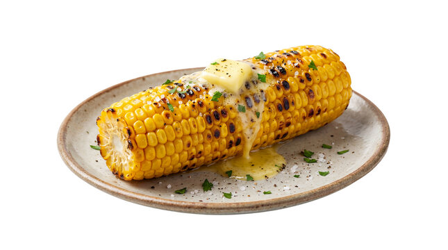 Grilled corn on the cob with melted butter and chopped parsley on a ceramic plate isolated PNG with Transparent Background