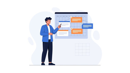 Obraz premium Man points to calendar, planning events, business strategy, meeting schedule, task management