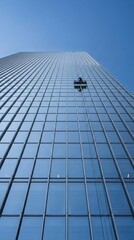 Fototapeta premium High-Rise Window Cleaner on Modern Glass Skyscraper Against Clear Blue Sky