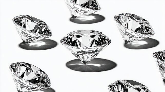 Sparkling brilliant cut diamonds on a white background, representing luxury, wealth, and valuable precious stones.