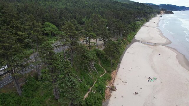 Aerial of Arcadia beach in the pacific northwest of Oregon. Slow approach shot of tree line and road near by.