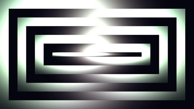 Concentric rectangular shapes with glowing white light in the center, abstract illustration, viewed from directly above, with shades of black and green