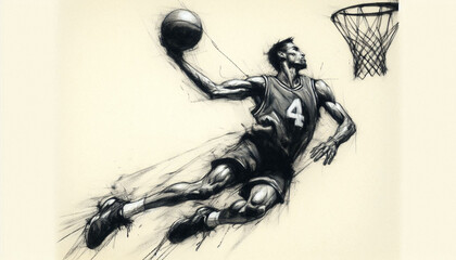 Ein Basketballer spielt mit seinem Ball am Korb, schwarz-wei&szlig;, Illustration