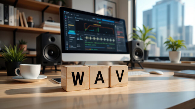WAV audio format file for music production and podcast postproduction, sound recording with waveform editing and mastering workflow for high fidelity export, storage and distribution