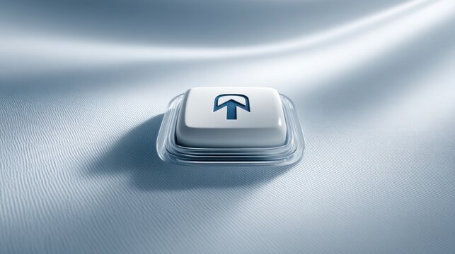 Modern white button with an upward arrow icon, symbolizing upload, eject, or system control on a sleek blue surface.