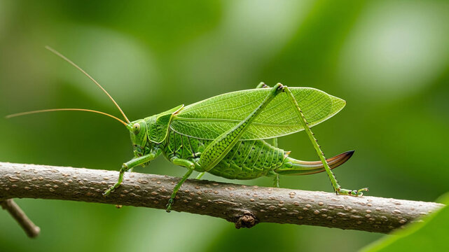 Vibrant green katydid perched on branch in natural habitat