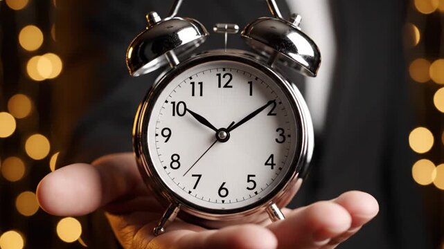 A hand holds a classic chrome twin-bell alarm clock against a dark background with warm, blurred bokeh lights. This image symbolizes time management, punctuality, deadlines, and new beginnings, ideal 