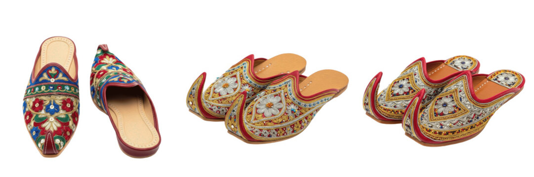 Azerbaijani Traditional Slippers Azərbaycan Milli Başmaqları Ornate Ethnic Footwear Isolated on White Background, Handmade Silk Embroidered House Shoes from Azerbaijan, No Shadow Studio Cutout