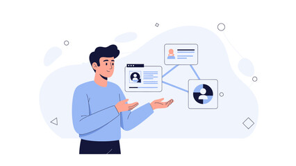Man presenting network connections with user profiles and data