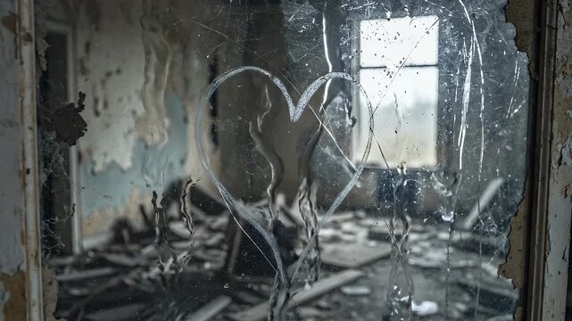 A heart drawn on a dusty, cracked mirror reflecting a derelict room