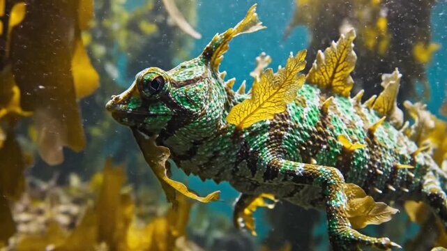 Leafy creature camouflaged in kelp underwater in blue ocean