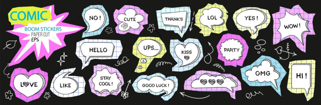 Comic Speech bubble sticker set with phrases and grid paper cut style. Boom pop collage effect. Doodle onomatopoeia. Y2K neon boom art. For chat, social media, messaging, print, scrapbook design.