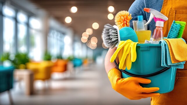 Housekeeper in orange gloves holding turquoise bucket with spray, brush and colorful cloths in bright modern lounge with bokeh lights, concept of commercial sanitation and cleanliness