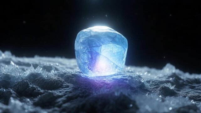 A luminous, crystalline object rests on a frozen surface against a dark starry backdrop
