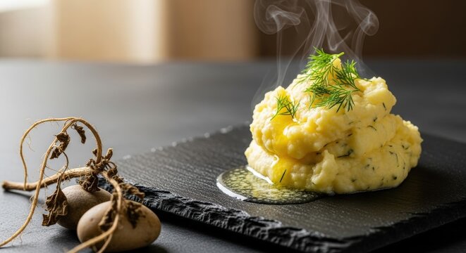 Elevated Finnish Perunamuusi Mashed Potato Quenelle on Black Basalt with Steam and Warm Copy Space