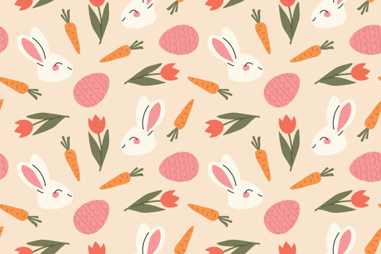 seamless easter pattern with rabbits, carrots, eggs and tulips - vector illustration