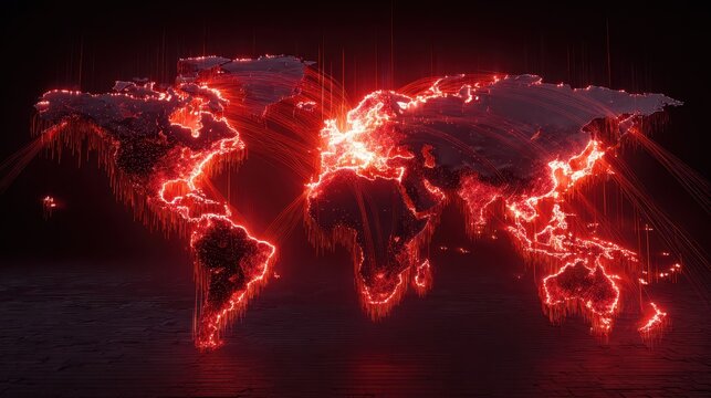 Glowing red world map with dynamic data lines connecting continents, conceptual 3D illustration representing global cyber attack, digital warfare, hacking activity and worldwide network threats.