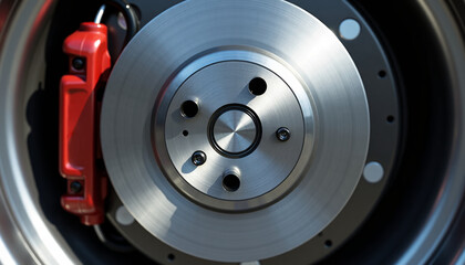 High-performance disc brake assembly with a red painted caliper and ventilated rotor. Concept of tuning, safety, and automotive engineering.
