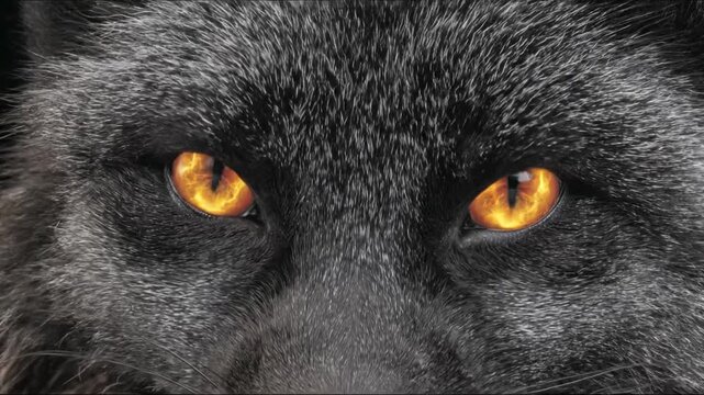 A close-up portrait of a dark wolf with glowing amber eyes against a black background