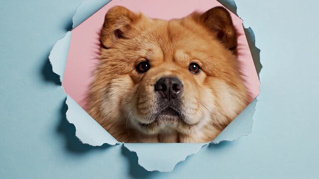 Adorable fluffy Chow Chow dog playfully peeking through a torn paper hole, soft pastel background