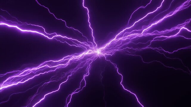 Electric purple lightning bolts radiate from a central point on a dark background, symbolizing energy
