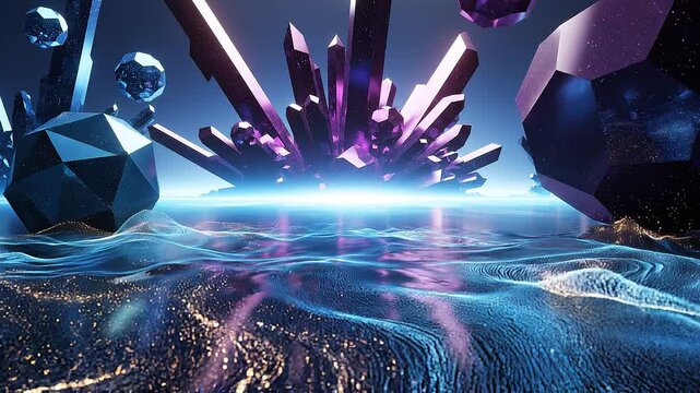 Glowing purple crystals and geometric shapes in water, reflecting light on a futuristic background, possibly for tech or design use