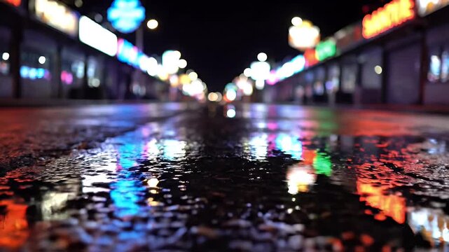 Low-angle wet street view at night, city lights reflecting in puddles