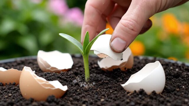 A person's hand carefully tends to a vibrant young green sprout emerging from dark, fertile soil, surrounded by broken eggshells. This close-up shot beautifully captures the delicate process of nurtur
