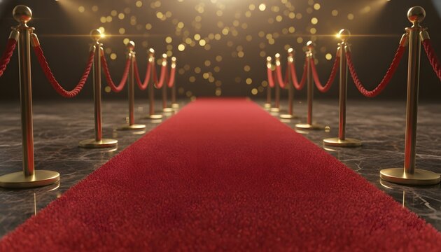 Elegant red carpet leading to a prestigious awards ceremony like the Oscars for a grand celebration concept, with shimmering lights