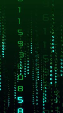 Flowing numbers and matrix data animation on black background. Computer code moving down. Vertical video for mobile phone