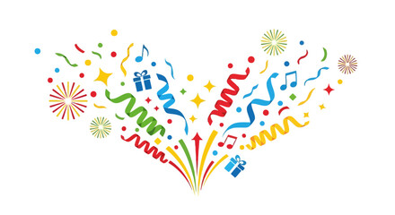 Obraz premium Joyful vector party explosion with colorful confetti streamers gifts and musical notes 