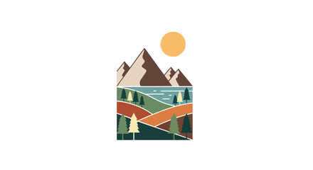 Flat design minimalist mountain landscape vector with lake forest and sun EPS10 Stock.eps