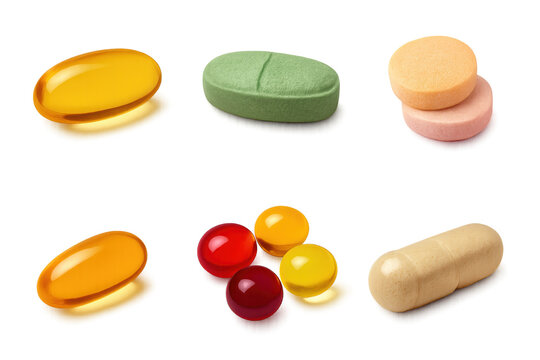 Various colorful pills and supplements including softgels, capsules, caplets and round tablets arranged on a transparent background