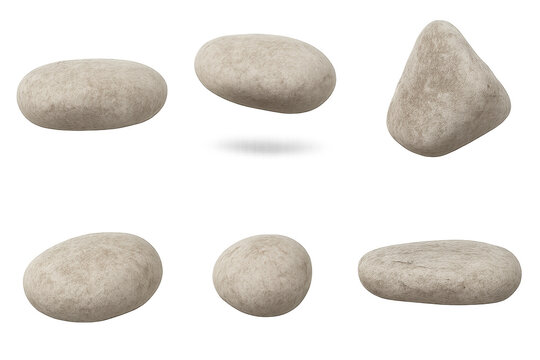 Six smooth beige pebbles and stones in various rounded and flat shapes on transparent background