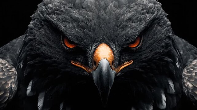 Close-up of a dark eagle face, intense gaze and golden eyes, sharp beak, detailed feathers
