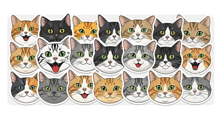 Obraz premium A cheerful group of cartoon cat faces in diverse colors and patterns for playful graphic design