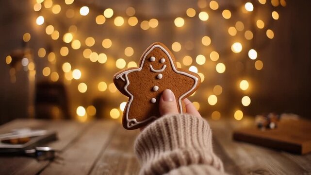 Hand holding gingerbread man cookie in front of festive lights on wooden table