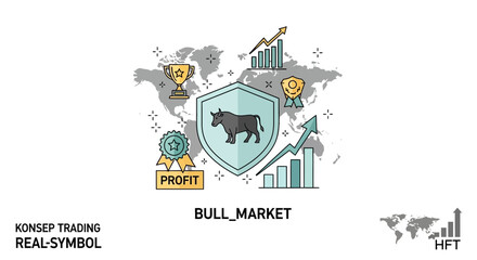 Obraz premium Bull market concept illustrated with financial growth elements and world map