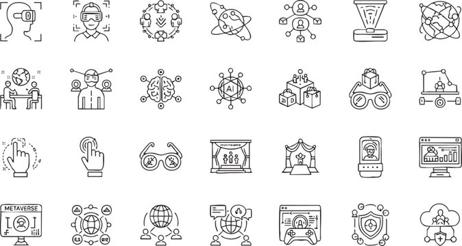 Virtual Reality (VR) and Metaverse Technology Icon Set - Artificial Intelligence (AI), Digital Connectivity, and Immersive Social Network Hand-Drawn Line Art Vector