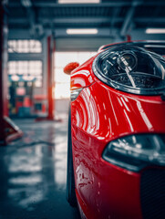 Obraz premium Detailed close-up of a sleek red sports car headlight and side mirror, reflecting the light inside a modern, spacious automotive workshop atmosphere