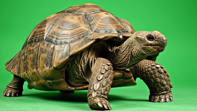 Slow-moving giant tortoise walking on a vibrant green screen, showcasing its unique shell